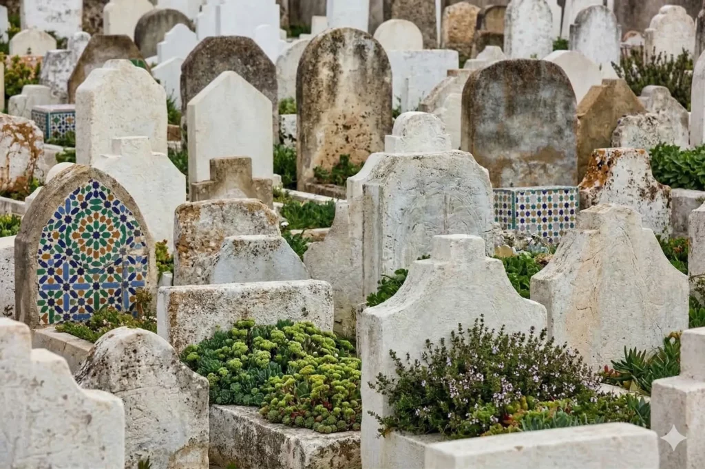 Pierres tombales anciennes en pierre ornées de mosaïques et de plantes dans un cimetière musulman